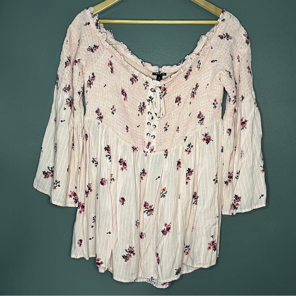 Torrid Pale Pink Floral Lace-Up Boho Tunic